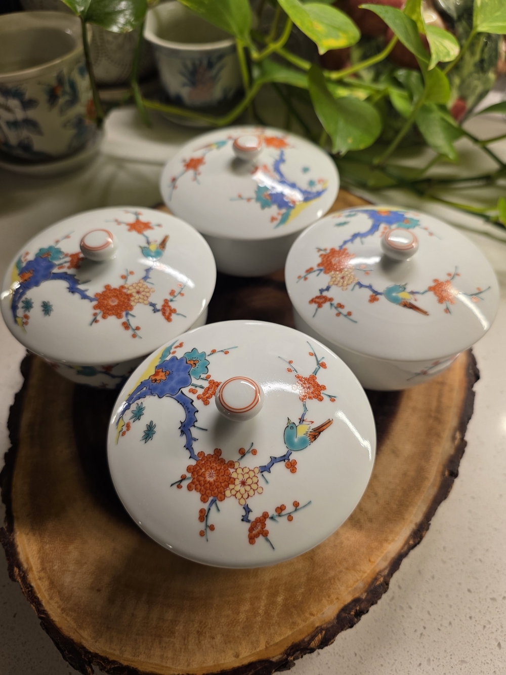 Porcelain Covered Tea Bowls with Orange Floral and Blue Accents
